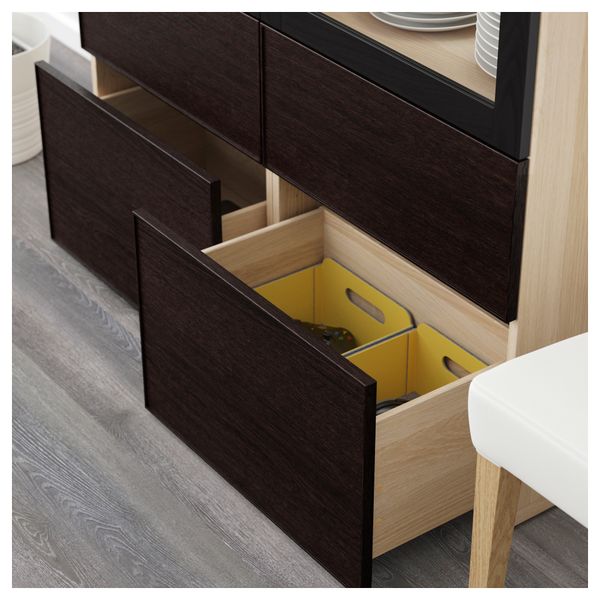 Комбинация для хранения со стеклянными дверцами БЕСТО, под беленый дуб Синдвик, Инвикен черно-коричневый прозрачное стекло - схема-чертеж с размерами