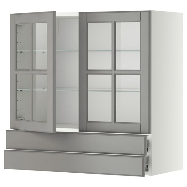 Навесной шкаф, 2 стеклянные дверцы, 2 ящика МЕТОД / ФОРВАРА, белый, Будбин серый - фото 1