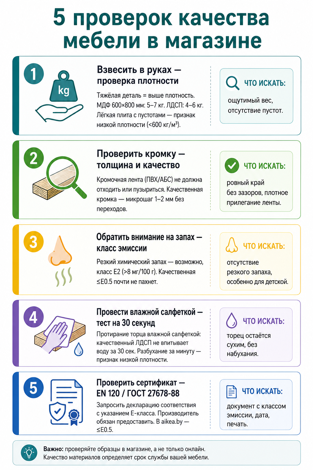 5 проверок качества мебели в магазине: вес, кромка, запах, влажная салфетка, сертификат E-класса