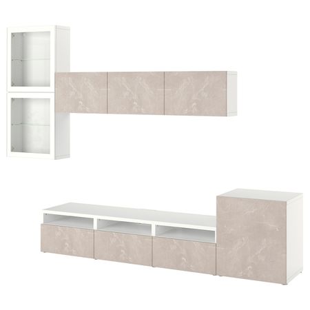 Комбинация для ТВ/стеклянные дверцы, белый Глассвик/бергсвикен бежевый 300x42x211 см IKEA BESTÅ БЕСТО 694.364.86