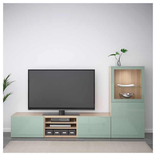 Шкаф для ТВ, комбинированный, стекляные дверцы БЕСТО, под беленый дуб Сельсвикен, глянцевый/серо-зеленый светлый прозрачное - фото 2