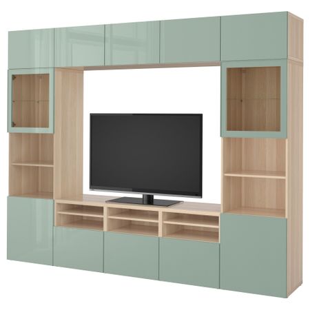 Шкаф для ТВ, комбинированный, стекляные дверцы БЕСТО, под беленый дуб Сельсвикен, глянцевый/серо-зеленый светлый прозрачное