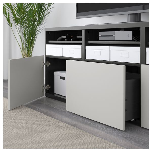 Шкаф для ТВ, комбинированный, стекляные дверцы БЕСТО, черно-коричневый Лаппвикен, Синдвик светло-серый прозрачное стекло - фото 3