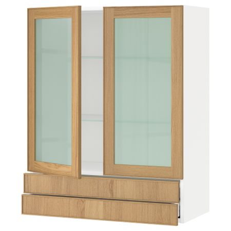 Навесной шкаф, 2 стеклянные дверцы, 2 ящика МЕТОД / МАКСИМЕРА, белый, Экестад дуб
