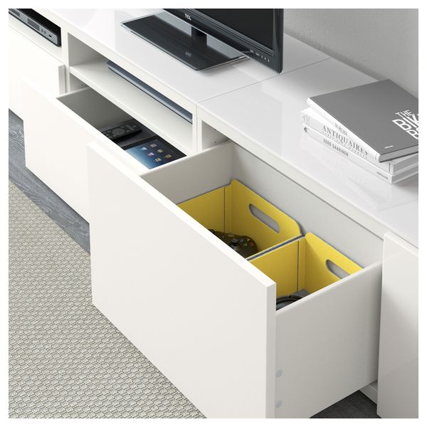 Шкаф для ТВ, комбинированный, стекляные дверцы БЕСТО, белый, Сельсвикен глянцевый/белый матовое стекло (240x40x230 см) - фото 3