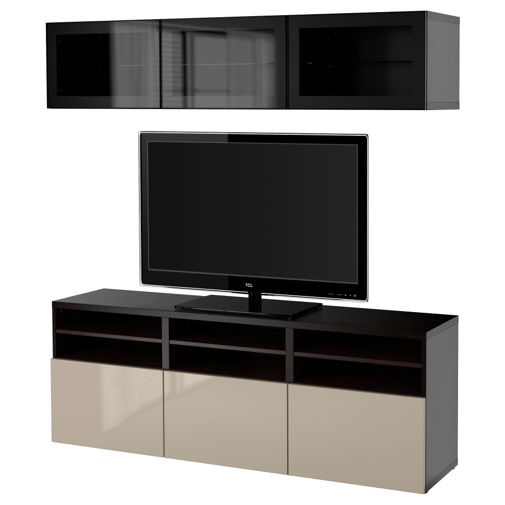 Шкаф для ТВ, комбинированный, стекляные дверцы БЕСТО, черно-коричневый, Сельсвикен глянцевый/бежевый прозрачное стекло - фото 1