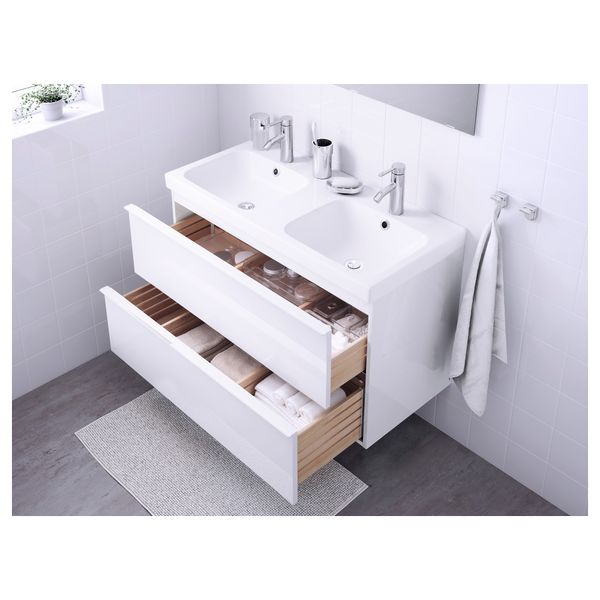 Шкаф для раковины с 2 ящиками ГОДМОРГОН / ОДЕНСВИК, глянцевый белый (100x49x64 см) - схема-чертеж с размерами