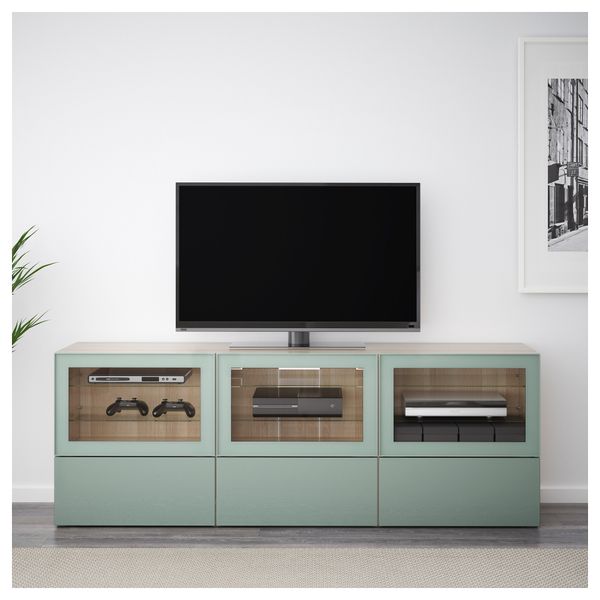 Тумба под ТВ, с дверцами и ящиками БЕСТО, под беленый дуб Сельсвикен, глянцевый/серо-зеленый светлый прозрачное стекло - фото 2