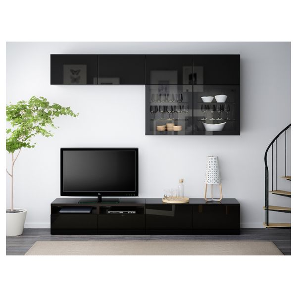 Шкаф для ТВ, комбинированный, стекляные дверцы БЕСТО, черно-коричневый, Сельсвикен глянцевый/черный прозрачное стекло - фото 2