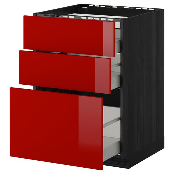 Напольный шкаф, 3 фронтальных панели, 3 ящика МЕТОД / МАКСИМЕРА, черный, Рингульт красный - схема-чертеж с размерами