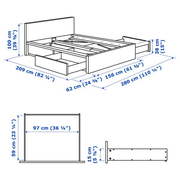 MALM Каркас кровати с 4 ящиками - черно-коричневый 140x200 см - схема-чертеж с размерами