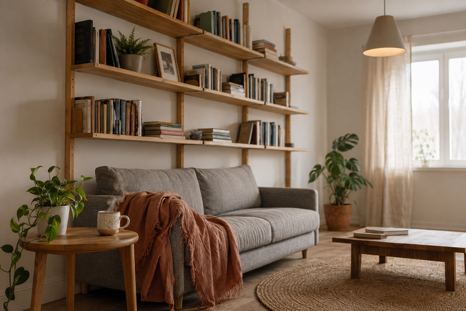 Настенный бамбуковый стеллаж SVALNÄS IKEA на стене светлой скандинавской гостиной