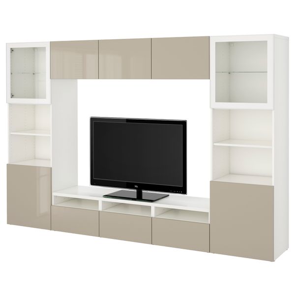 Шкаф для ТВ, комбинированный, стекляные дверцы БЕСТО, белый, Сельсвикен глянцевый/бежевый прозрачное стекло (300x40x192 см) - фото 1