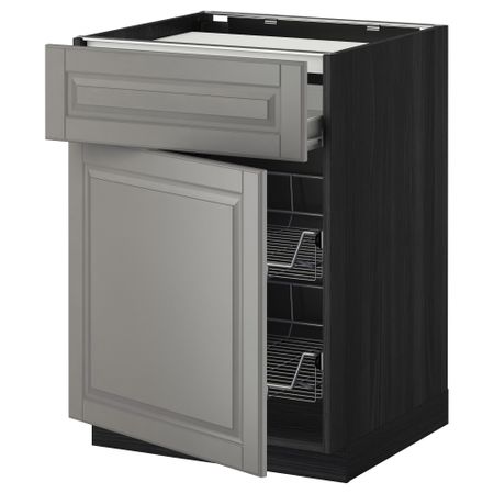 Напольный шкаф для варочной панели, ящик, 2 проволочных корзины МЕТОД / ФОРВАРА, черный, Будбин серый (60x60 см)