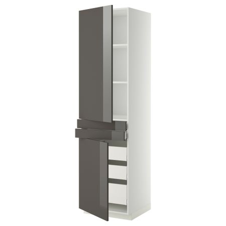 Высокий шкаф + полки, 5 ящиков, 2 дверцы, 2 фронтальных МЕТОД / МАКСИМЕРА, белый, Рингульт серый