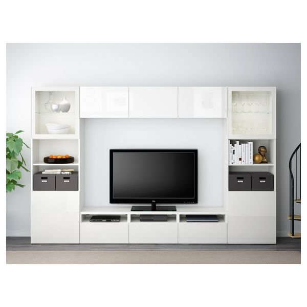 Шкаф для ТВ, комбинированный, стекляные дверцы БЕСТО, белый, Сельсвикен глянцевый/белый прозрачное стекло (300x40x192 см) - фото 2