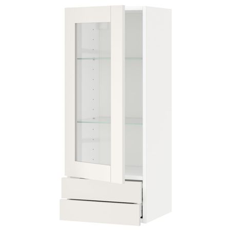 Навесной шкаф, стеклянная дверца, 2 ящика, белый/Сэведаль белый 40x100 см IKEA METOD МЕТОД / MAXIMERA МАКСИМЕРА 392.381.81