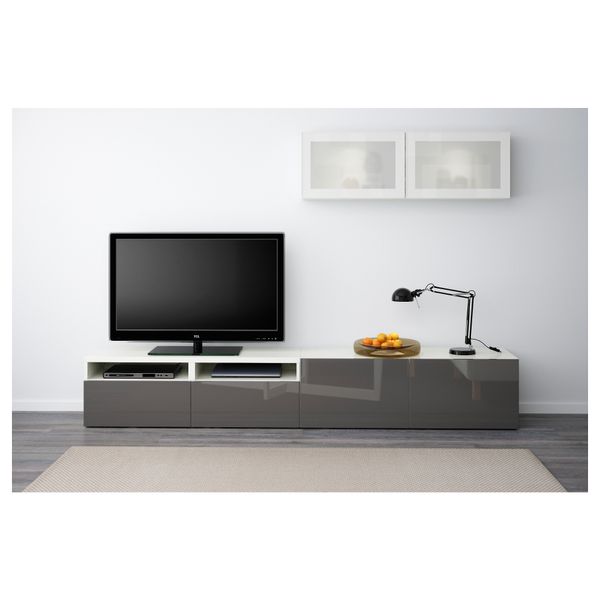 Шкаф для ТВ, комбинированный, стекляные дверцы БЕСТО, белый, Сельсвикен глянцевый/серый матовое стекло (240x20/40x166 см) - фото 2