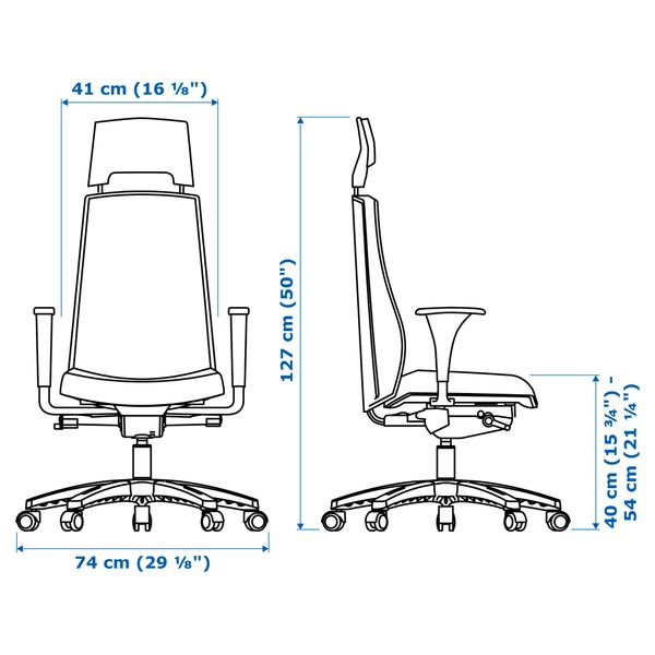 Рабочее кресло с подголовник, подлокотник ВОЛЬМАР, Мьюк черный - схема-чертеж с размерами