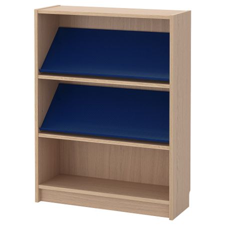 Стеллаж с наклонной полкой БИЛЛИ / БОТТНА, дубовый шпон, беленый, синий (80x28x106 см)