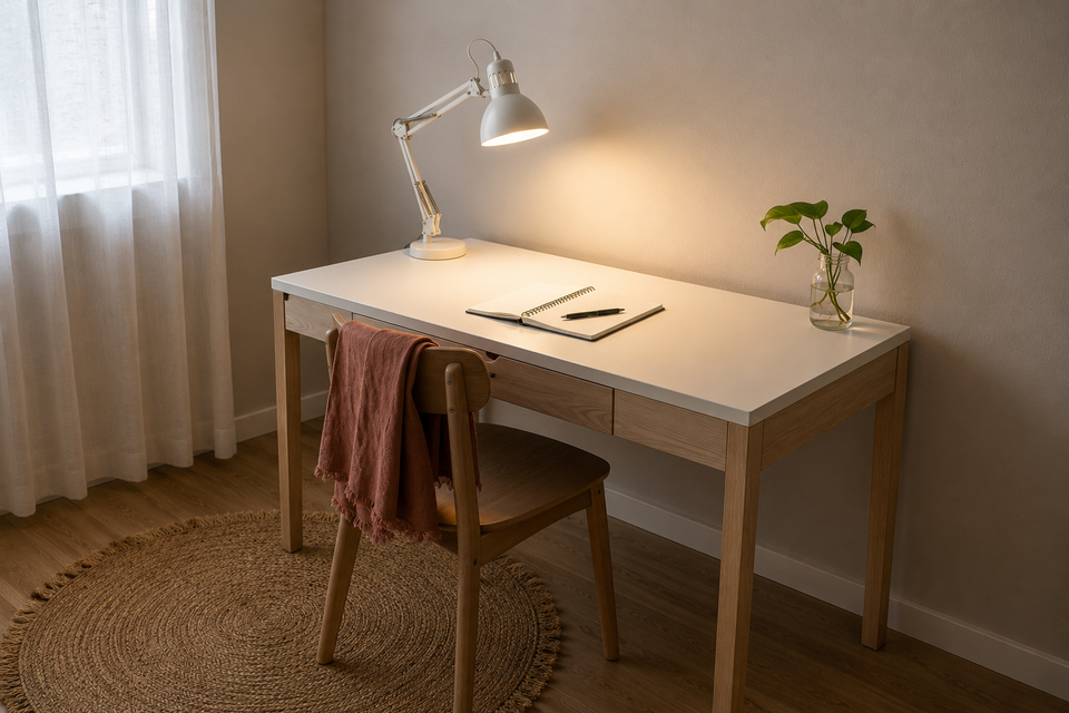 Рабочий уголок студента с LED-лампой IKEA KORVSNÖRE, ноутбуку и стопкой учебников