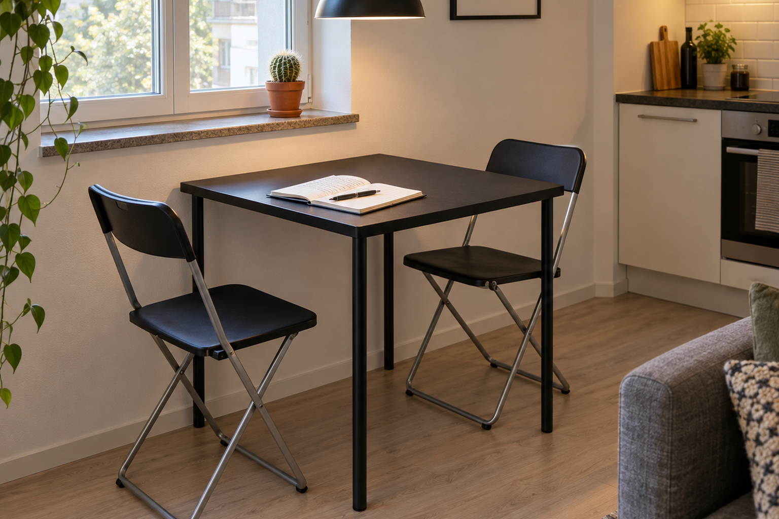 Чёрный обеденный стол IKEA SANDSBERG 67×67 см у стены: компактная обеденная зона на двоих