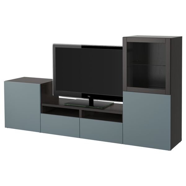 Шкаф для ТВ, комбинированный, стекляные дверцы БЕСТО, черно-коричневый, Вальвикен серо-бирюзовый, прозрачное стекло (240x40x128 - фото 1