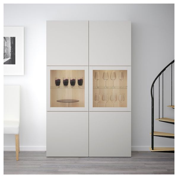 Комбинация для хранения со стеклянными дверцами БЕСТО, под беленый дуб, Лаппвикен светло-серый прозрачное стекло (120x40x192 см) - фото 2