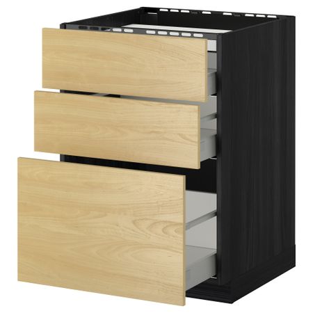Напольный шкаф, 3 фронтальных панели, 3 ящика МЕТОД / МАКСИМЕРА, черный, Тингсрид береза