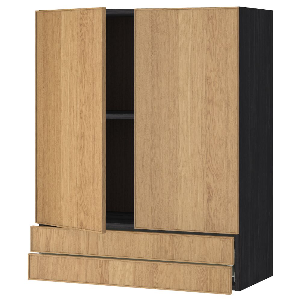 Навесной шкаф, 2 дверцы, 2 ящика МЕТОД / ФОРВАРА, черный, Экестад дуб - схема-чертеж с размерами