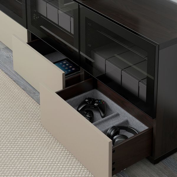 Тумба под ТВ, с дверцами и ящиками, 180x40x64 см, черно-коричневый, Selsviken глянцевый, бежевый прозрачное стекло IKEA BESTÅ - фото 4