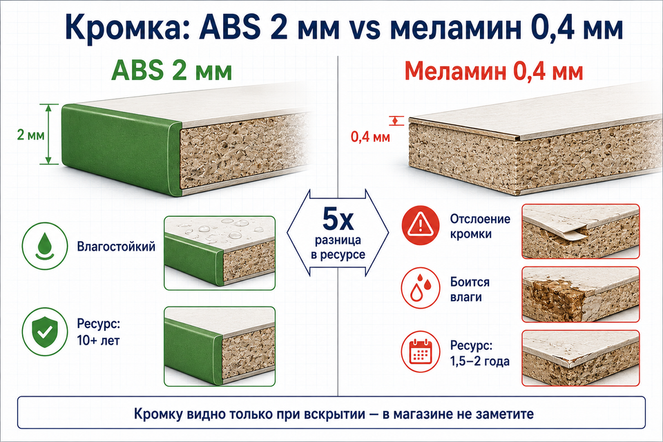 Сравнение кромок: ABS 2 мм vs меламин 0,4 мм — разница в ресурсе 5x