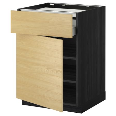 Напольный шкаф для варочной панели, ящик, полка, дверцы МЕТОД / МАКСИМЕРА, черный, Тингсрид береза (60x60 см)