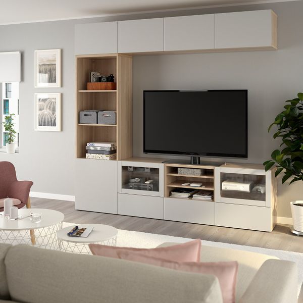 Шкаф для ТВ, комбинированный, стекляные дверцы, под беленый дуб, Лаппвикен светло-серый прозрачное стекло 240x40x230 см IKEA - фото 2