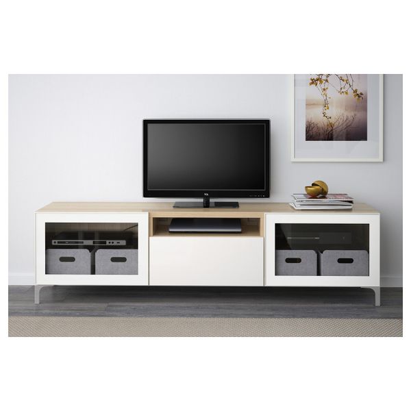 Тумба под ТВ, под беленый дуб, Сельсвикен глянцевый/белый прозрачное стекло, 180x40x48 см IKEA БЕСТО 392.760.93 - фото 3