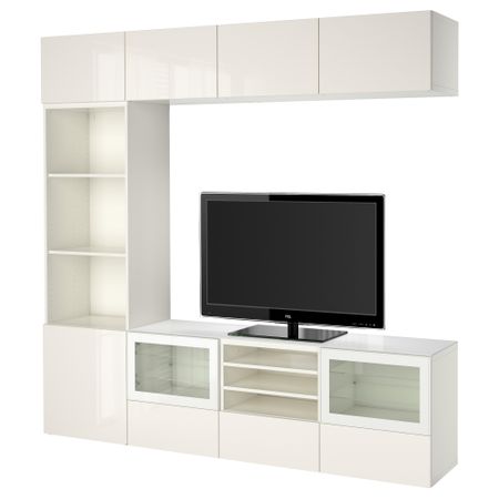 Шкаф для ТВ, комбинированный, стекляные дверцы БЕСТО, белый, Сельсвикен глянцевый/белый прозрачное стекло (240x40x230 см)