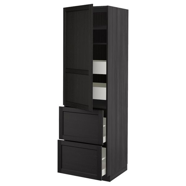 Высокий шкаф + полки/4ящ/двр/2фасада, черный/Лерхюттан черная морилка 60x60x200 см IKEA МЕТОД / МАКСИМЕРА 693.434.06 - схема-чертеж с размерами