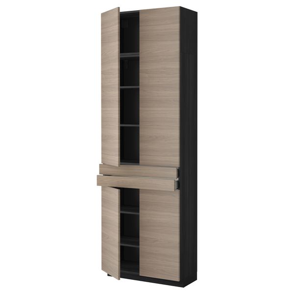 Высокий шкаф + полки, 2 ящика, 4 дверцы МЕТОД / МАКСИМЕРА, черный, Брокхульт светло-серый (80x37x240 см) - фото 1