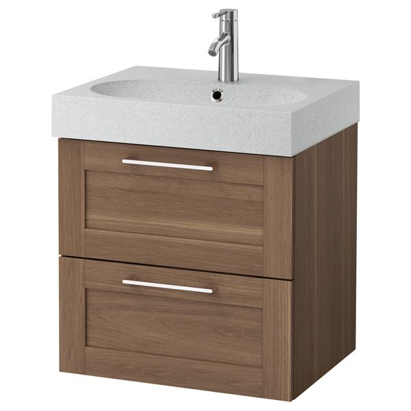 Шкаф для раковины с 2 ящиками ГОДМОРГОН / БРОВИКЕН, под грецкий орех, светло-серый (60x49x68 см) - фото 2