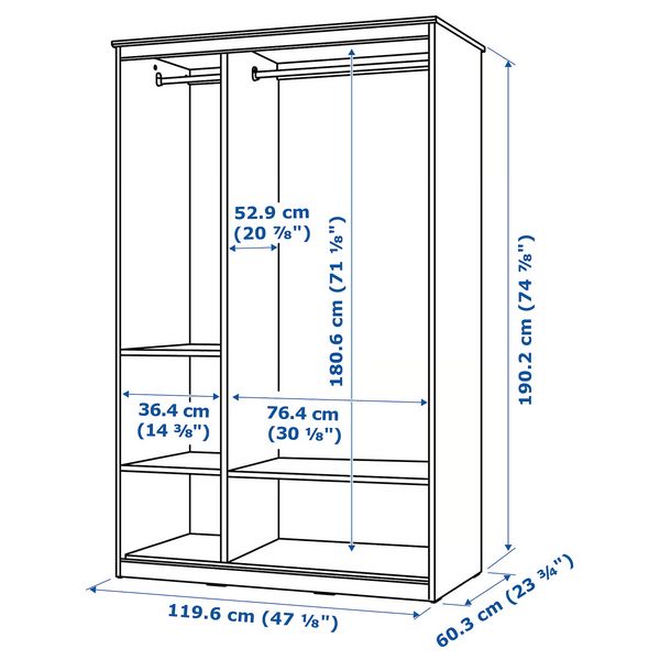 SONGESAND Шкаф платяной - белый 120x60x191 см - схема-чертеж с размерами