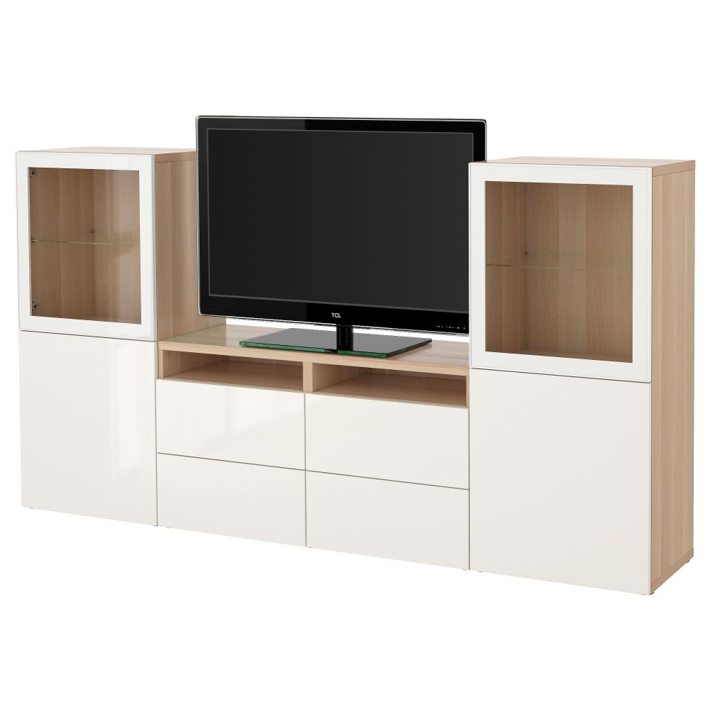 Шкаф для ТВ, комбинированный, стекляные дверцы БЕСТО, под беленый дуб, Сельсвикен глянцевый/белый прозрачное стекло (240x40x128 - фото 1