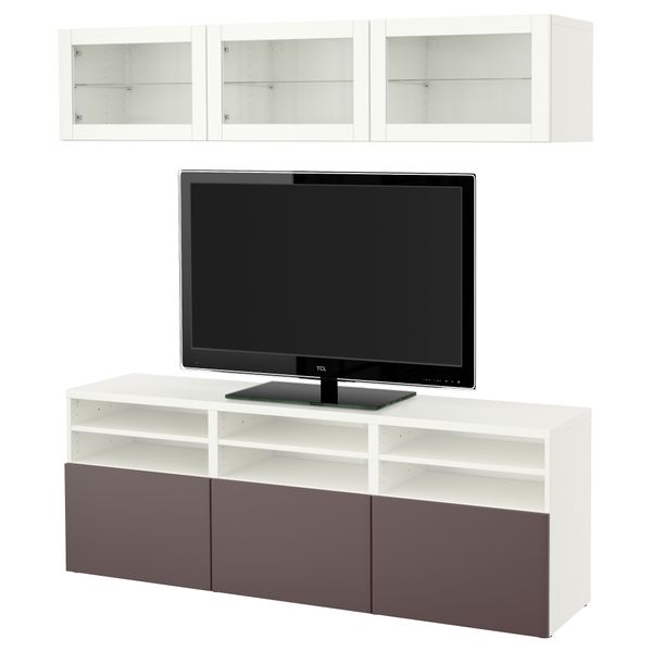 Шкаф для ТВ, комбинированный, стекляные дверцы БЕСТО, белый, Вальвикен темно-коричневый, прозрачное стекло (180x40x192 см) - фото 1