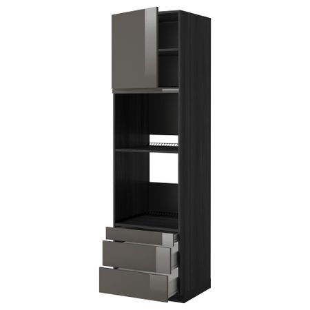 Высокий шкаф для духовки комбинированный, духовка + дверца, 3 ящика МЕТОД / ФОРВАРА, черный, Рингульт серый