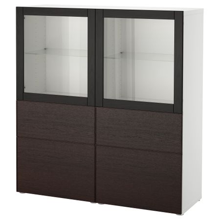 Комбинация для хранения со стеклянными дверцами БЕСТО, белый, Инвикен черно-коричневый прозрачное стекло (120x40x128 см)