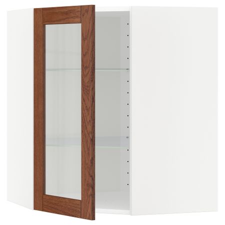 Угловой навесной шкаф с полками, стекляными дверцами МЕТОД, белый, Филипстад коричневый
