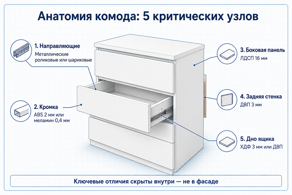 Схема-разрез комода с аннотациями 5 узлов, определяющих долговечность