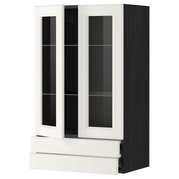 Навесной шкаф, 2 стеклянные дверцы, 2 ящика МЕТОД / ФОРВАРА, черный, Лаксарби белый - фото 1