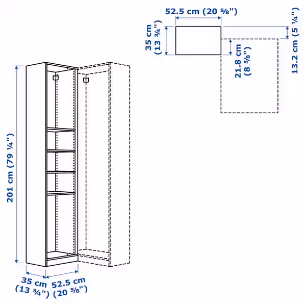 PAX Доп угл модуль д/гардероба/4 полки - белый 53x35x201 см - схема-чертеж с размерами