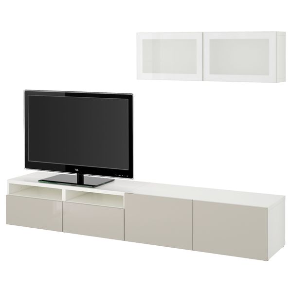 Шкаф для ТВ, комбинированный, стекляные дверцы БЕСТО, белый, Сельсвикен глянцевый/бежевый матовое стекло (240x20/40x166 см) - фото 1