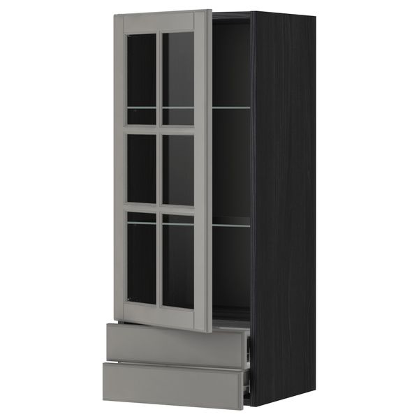 Навесной шкаф, стеклянная дверца, 2 ящика МЕТОД / ФОРВАРА, черный, Будбин серый - фото 1